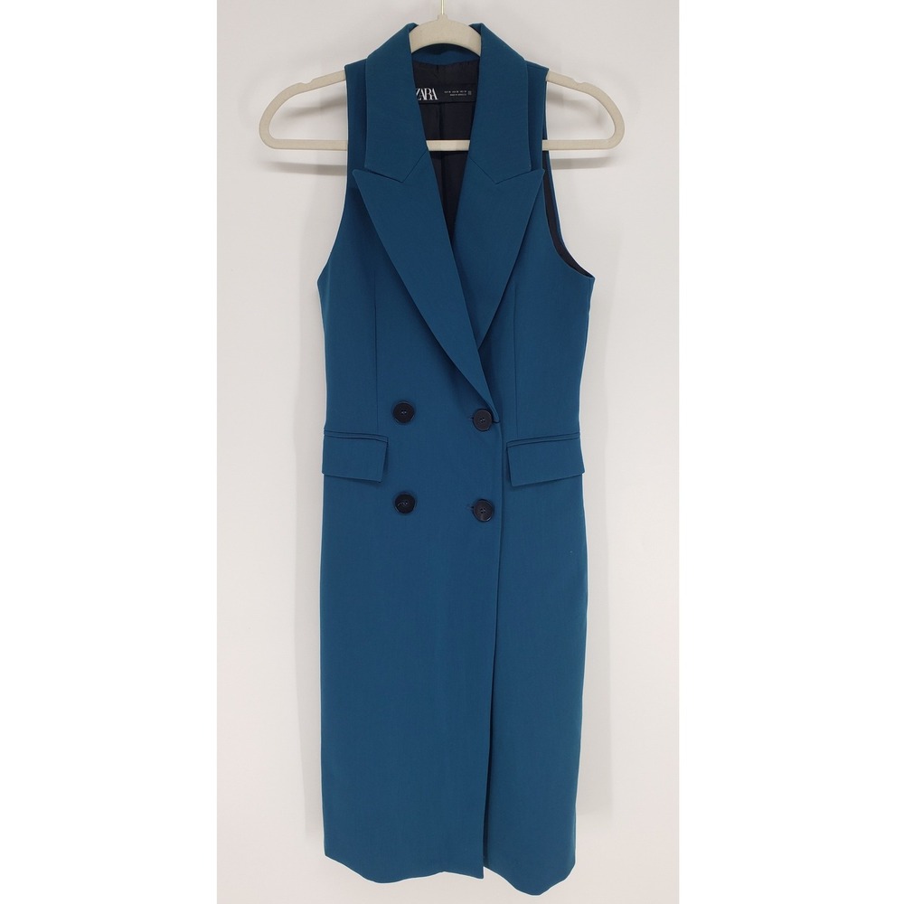 ZARA Double Breasted Vest Midi Dress Size XS Teal Blue Peak Lapel Sleeveless
